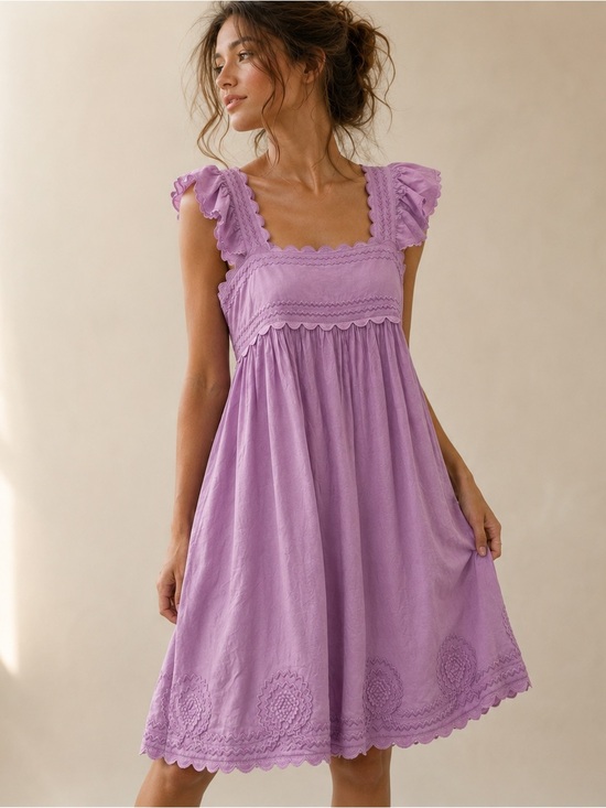 j. marie Dresses & Skirts - J. Marie Square-Neck Lilac Embroidered Mini Linen Blend Dress